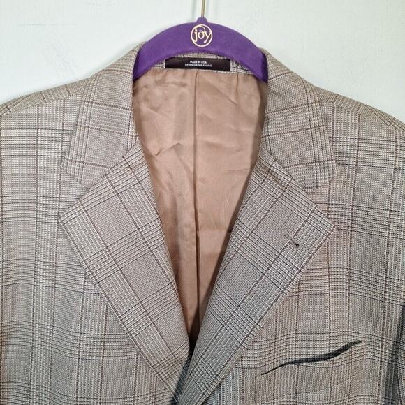Abboud Beige Neutral Plaid 3 Button Wool Slik Plaid Sport Jacket Blazer Men 44R - Picture 6 of 13